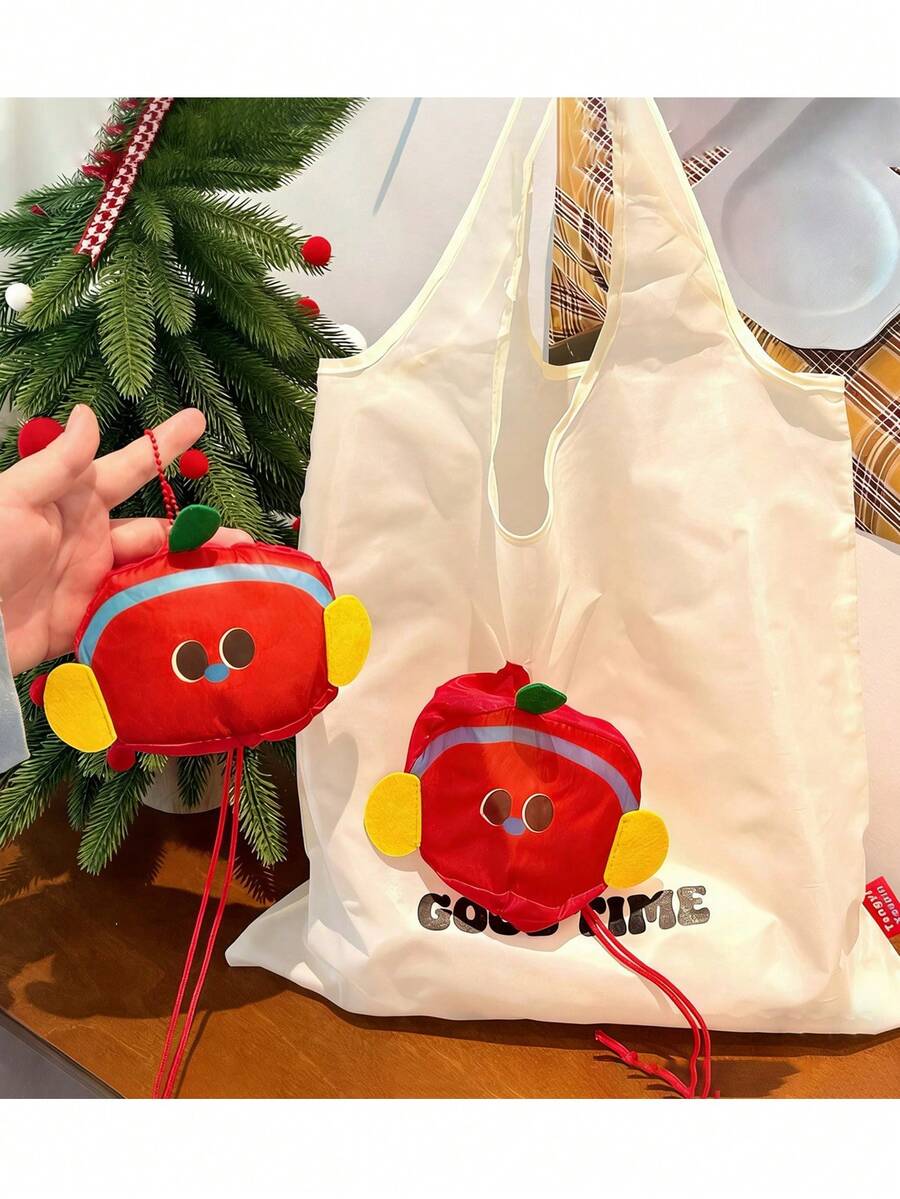 可折叠购物袋，苹果图案 - 大容量可重复使用手提袋，耐用涤纶材质，男女通用，通勤收纳袋，地球日、圣诞节、感恩节礼物，可爱包包，结实手柄设计