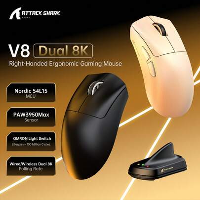  ATTACK SHARK V8 8K Wireless Gaming Mouse, Equipped With 20000FPS, 42000 DPI, PAW3950 MAX Sensor, 59g Ultra-Lightweight, Nordic 54L15 MCU Chip, Supports Wired/Bluetooth/2.4GHz Wireless Connection, Programmable, Suitable For PC