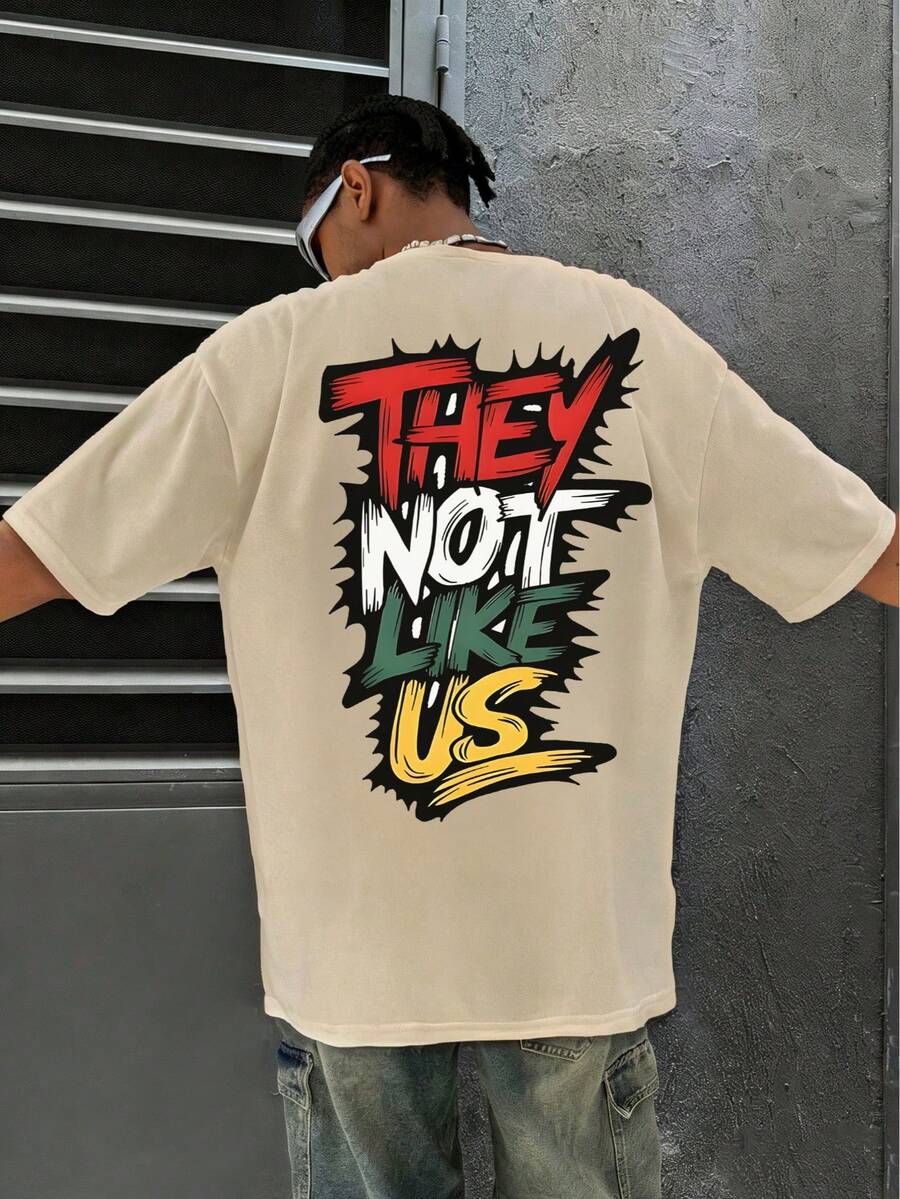 男士宽松版型个性化英文印花圆领短袖T恤 | 精致设计 | 夏季必备 | 易于搭配 - 杏色 - 查看 1