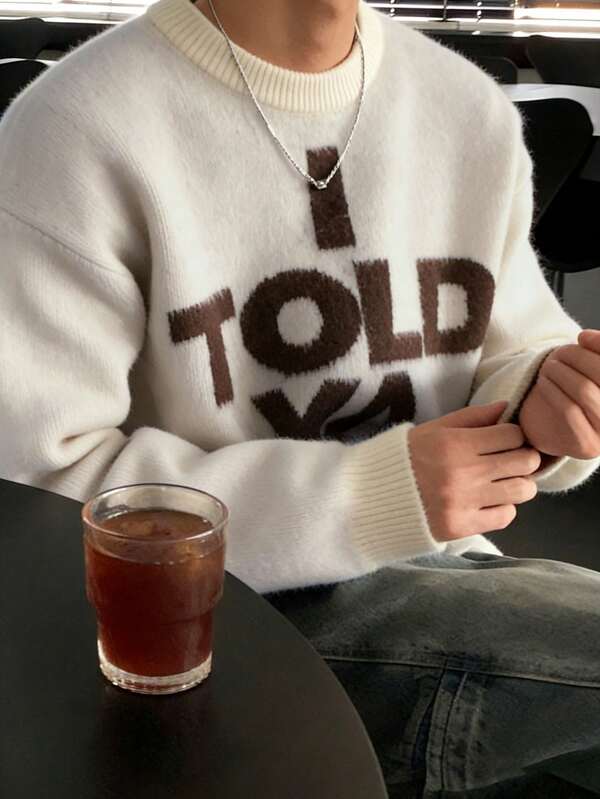 كنزة صوفية كاجوال جديدة للخريف/الشتاء بطباعة حرفية على الرقبة المستديرة وأكمام طويلة، ملابس رجالية للخريف