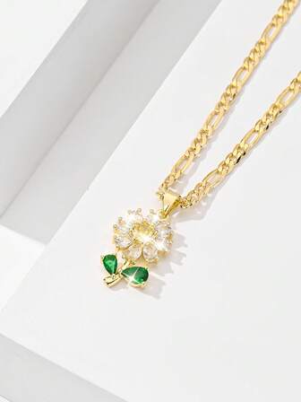 1pc שרשרת תליון חמניות משובצת נחושת קלאסית אירופאית ואמריקאית במהדורה מוגבלת עם זירקוניה צבעונית, מתאימה לחג המולד/חג ההודיה/ליל כל הקדושים/יום האם/יום האהבה לזוגות/חברים/סנדקים, מתנה לקודש ראשון קתולי, מתנות, לבוש יומיומי ופסטיבל, תפילה