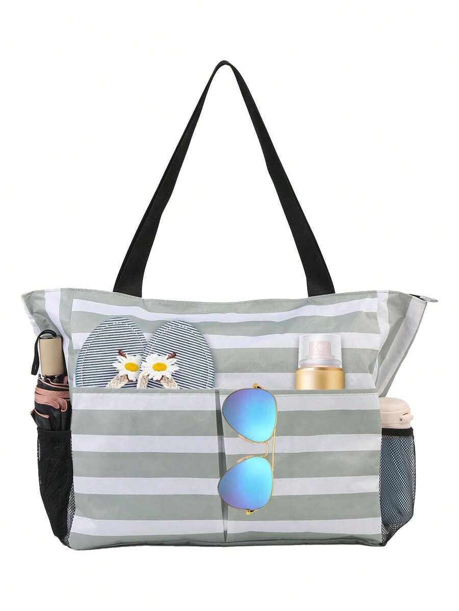 Bolsas de playa para mujer con cremallera, bolsa de playa grande impermeable con bolsillo, bolsas de playa de verano para viajar, ir de compras, piscina, gimnasio,36702020 - Verde Oscuro - Ver 1