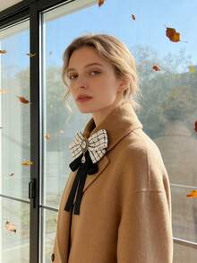 1枚冬季风格水钻合金超大领结胸针，黑色领结衬衫配饰，适合日常佩戴，优雅超大领结胸针别针