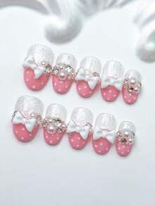 10片/套 手工粘贴式假指甲，短款椭圆形指甲，情人节美甲，浪漫粉色美甲，粉色法式美甲，波点美甲，蝴蝶结珍珠装饰，短款指甲，可爱美甲，可卸式假指甲，美甲用品，美甲套装，适合派对、舞蹈、日常佩戴、学生聚会，可重复使用，附赠果冻胶和指甲锉，DIY美甲用品 - 粉色 - 查看 12