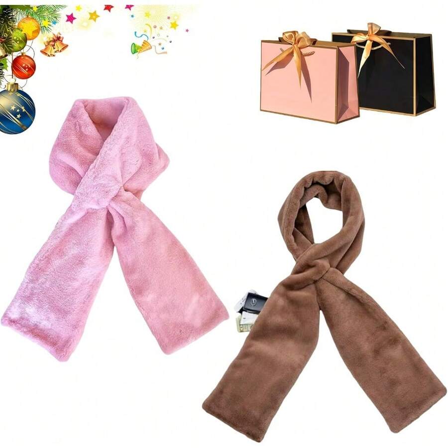 Faux Fur Scarf with Hidden Zipper Pocket for Women,Soft Cozy Winter Neck Warmer Collar,Concealed Storage Pocket - 2 piezas-G - Ver 1