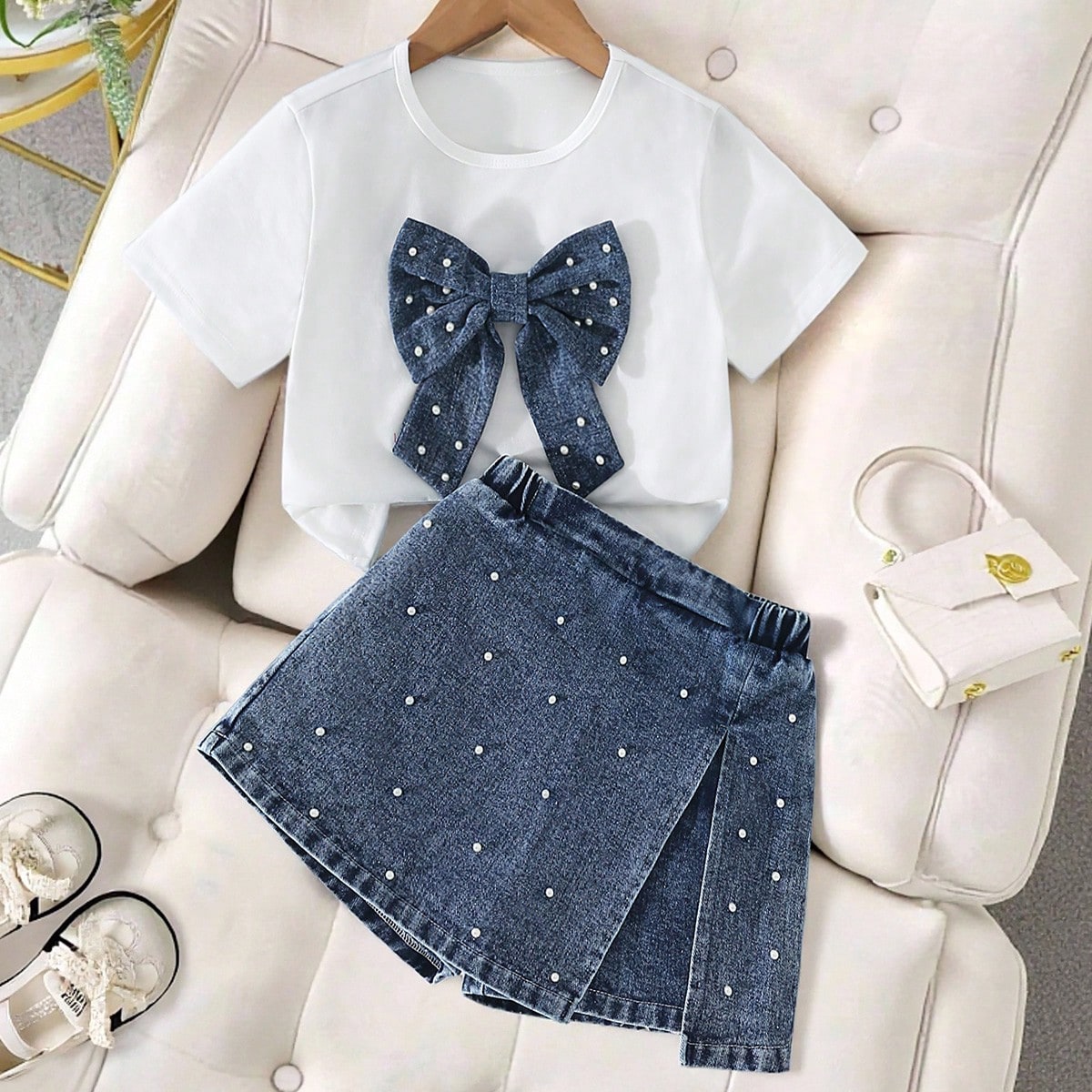 Piezas Conjunto de niña preadolescente, de moda y lindo, blusa de punto con decoración de cuentas 3D + falda pantalón de mezclilla con moño, ropa