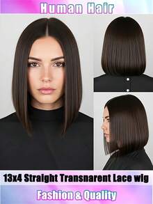 100% Human Hair 13x4 High Definition Lace Front Wig - Natural Black Bobbed Wig, Pre-Trimmed Hairline, 180% Density Soft & Flexible Straight Hair, 13x4 High Definition Lace Front, Comfortable & Durable - Natural Black - View 2