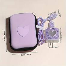 6pcs Shiny Purple Heart Charger & Cable Protector Set, With EVA Storage Bag And Data Cable Protector - Compatible With Apple 18W/20W Adapter - Mauve Purple - View 8