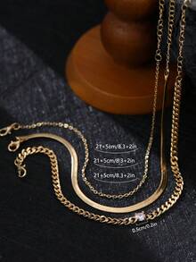 Nooxian 3件套 时尚简约休闲度假风金色链条套装，包含不锈钢刀片链和闪亮立方氧化锆多层脚链，女士首饰礼物（不含礼盒） - 金黃色 - 查看 7