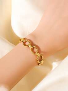 RAYQUEEN 1 Set Nuevo Conjunto de Collar y Pulsera de Acero Inoxidable con Diseño Geométrico de Elipse, Estilo Moda Hip-Hop, Adecuado para Regalo y Uso Diario - Amarillo Oro - Ver 4