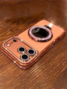 Luxury Shiny Lens Protect Plating Anti-Drop With Shiny Glitter Makeup Mirror Ring Holder Bracket Phone Compatible With 17ProMax 17Pro 17 17Air High Quality Shockproof Bumper Back Cover - 橘子 - 查看 7
