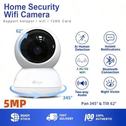 无线智能安防摄像头，5G无线WiFi，3K高清无线安防摄像头，500万像素，AI智能人形追踪和移动侦测，智能报警信息推送，视频监控，智能家居安防摄像头，云台摄像机，室内外双向语音对讲，适用于宠物监控