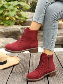 New Fashionable Minimalist Mid-Calf/Ankle Boots With Side Zipper, Chunky Heel, Retro British Style, Versatile - Red - View 2