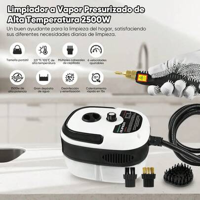 Limpiador a vapor portátil de 2500 W Máquina de limpieza a vapor presurizado de alta temperatura con cabezales de cepillo para muebles de cocina, baño y coche, ideal para limpiar paredes, placas de cocina, hornos microondas, lavadoras, frigoríficos y mucho más. De uso generalizado en cocinas, baños, muebles y coches.