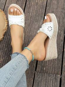 女士草编坡跟绳露趾拖鞋，厚底增高凉鞋，适合夏季户外穿着 - 白色 - 查看 6
