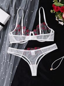 两件套女士迷人优雅樱花刺绣粉色花卉睡衣，半透明网纱镂空心形装饰女士两件套，舒适家居服可爱睡衣上衣 - 白色 - 查看 3