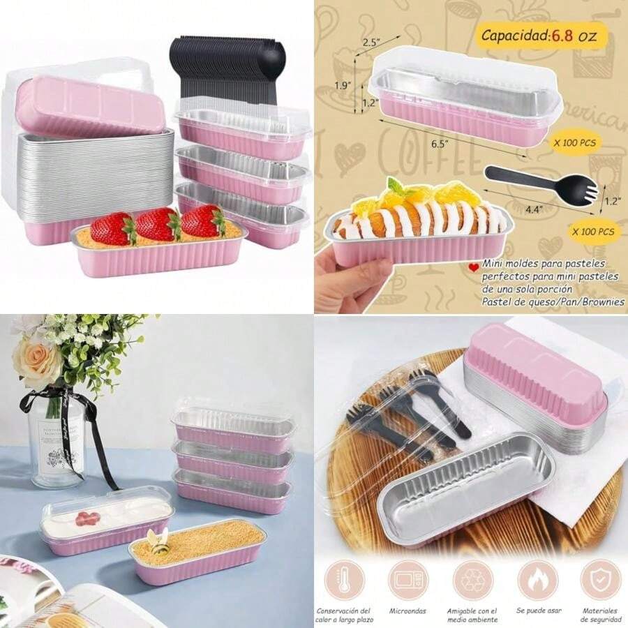 Moldes para pasteles con tapa, 100 mini moldes para pan de aluminio, 100 cucharas de postre con tapa, reutilizables, 6.8 oz, 200 ml, horneables, aptos para pasteles, brownies ()(rosa) - Multicolor - Ver 1