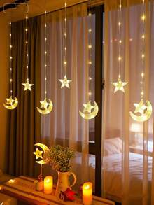 1 String 2m/6.56ft Star & Moon Pattern Window Curtain Decor Lights, Battery Powered, Indoor Home Decor Fairy Lights, Suitable For Wedding, Party, Holiday, Bedroom, Room, Wall Decor, Festival Lighting String - 彩色 - 查看 13