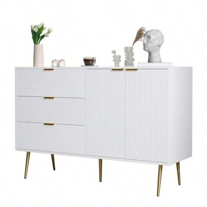 Sideboard, Living Room Cabinet With Doors And Drawers, Interior Shelves, Chest Of Drawers With Gold Handles And Legs