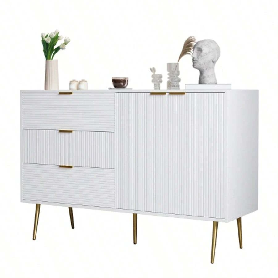 Sideboard, Living Room Cabinet With Doors And Drawers, Interior Shelves, Chest Of Drawers With Gold Handles And Legs - White - View 1