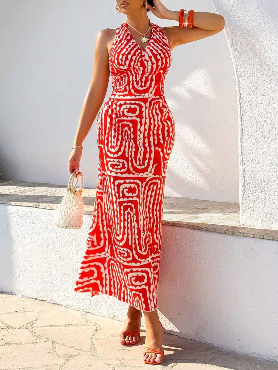 Women's Seaside Vacation Low V-Neck Red Print Mermaid Dress With Cross-Backless Design(Random Printing) - Red - View 1