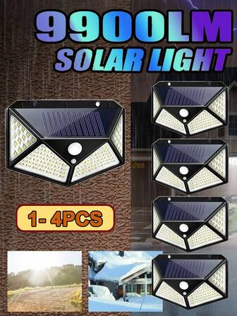 1/2/4 Packs Super Bright Solar-Powered 100 LED Outdoor Wall Lights With Motion Sensor. Featuring 3 Lighting Modes, 270-Degree Wide-Angle Illumination, Waterproof Construction, Energy Efficiency, And Durability. Easy To Install, Ideal For Outdoor Spaces Such As Backyards, Gardens, Fences, Patios, Front Entrances, Garages, And General Exterior Lighting