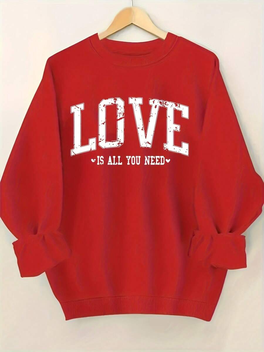 2026 Valentine Outfits For Women Fashion "Love Is Everything" Letter Sweatshirt - Soft And Breathable, Crew Neck For Daily Wear Loose And Comfortable Valentine's Day - 紅色 - 查看 1
