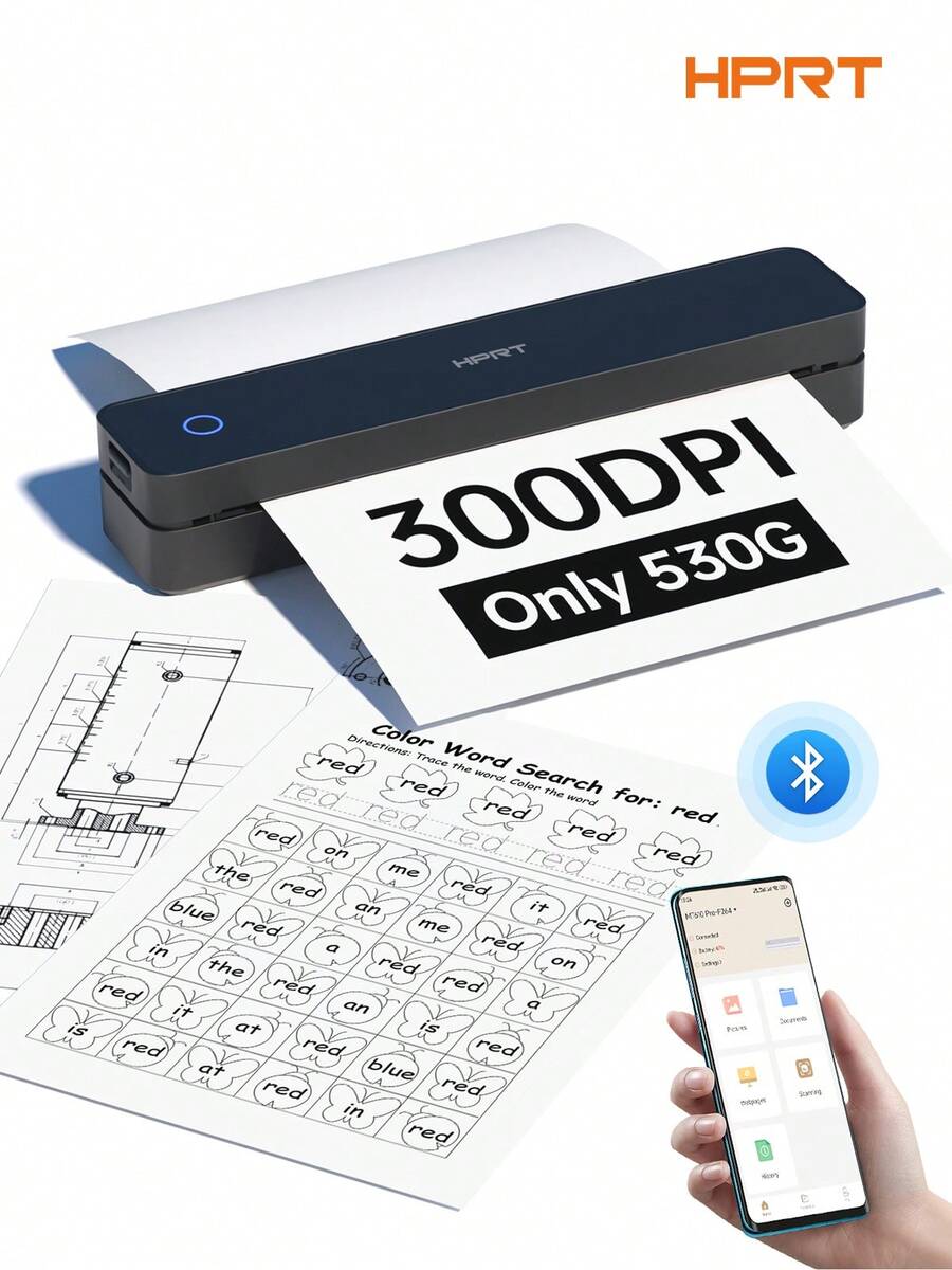 HPRT MT610 Pro 便携式无线打印机，蓝牙热敏打印机，兼容 iOS、安卓系统和笔记本电脑，支持 8.5x11 英寸美式信纸和 A4 热敏纸，无墨移动打印机，适用于办公室和家庭使用，黑色