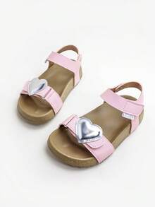 1 Pair Fashionable Solid Color Heart Decor Girls Hook And Loop Flat Sandals, Comfortable & Durable, Suitable For Daily Wear, Summer