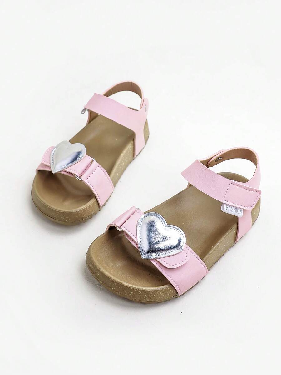 1 Pair Fashionable Solid Color Heart Decor Girls Hook And Loop Flat Sandals, Comfortable & Durable, Suitable For Daily Wear, Summer