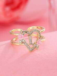 1 pieza Anillo con inicial de flor en tono dorado A-Z con corazón de circonita cúbica, anillo abierto ajustable para mujeres, joyería de regalo de cumpleaños personalizada - Amarillo Oro - Ver 26