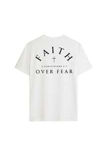 “信仰战胜恐惧”基督教圣经经文女式T恤，常规版型励志图案T恤，舒适日常短袖上衣，休闲信仰服饰，白色夏季款 - 白色 - 查看 4