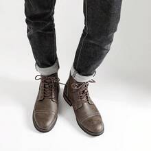 Men's Retro Work Boots, Round Toe, Thick Sole, Dual-Color Upper, Rubber Sole, Beige Stitching - Camel - View 5