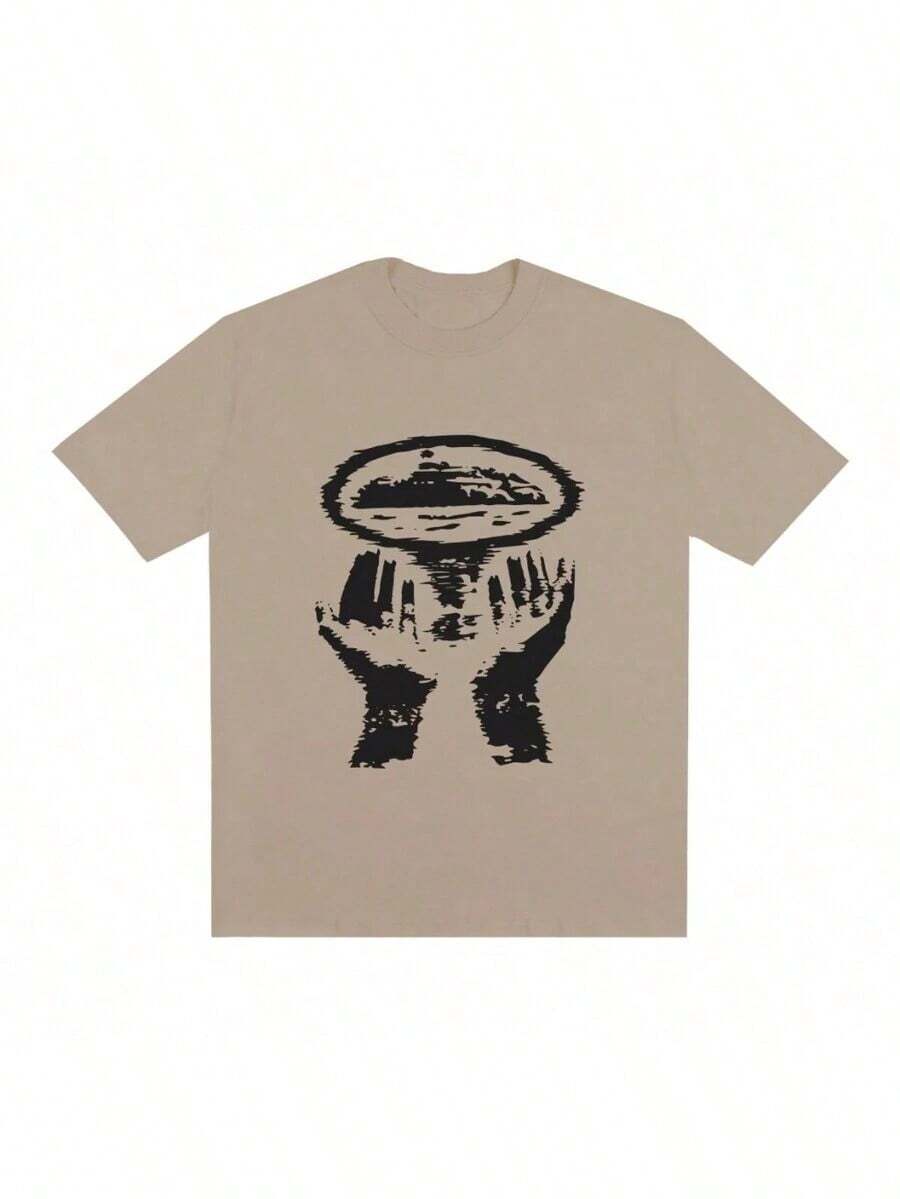 Camiseta Masculina Streetwear Estampada MÃOS Camisa Básica 100% Algodão - Bege - Visão 1