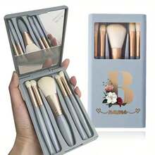 5pcs Personalized Travel Makeup Brush Set, Custom Name Cosmetic Brush Holder With Mirror, Large Capacity Plastic Organizer Case, With DIY Apricot For Foundation, Eye, Nose, Smudge, Shadow Brushes - Multicolor - View 5