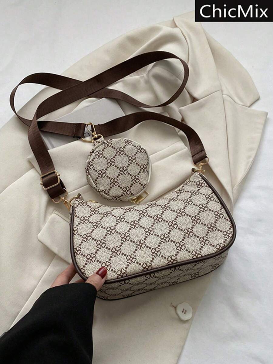 迷人、優雅、精緻度假、舊款便攜式幾何印花流浪漢包拉鍊帶零錢包適合青少年女孩女大學生、白領、菜鳥和白領完美辦公室、完美戶外、完美派對、舞會、晚餐、婚禮、工作、商務、通勤、女士包附一角錢袋