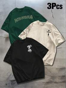 3件套 男士休闲百搭简约英文标语及天使翅膀十字印花短袖T恤 - 彩色 - 查看 3