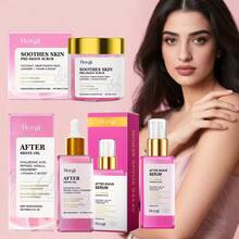 全套剃须脱毛产品，包含60克剃须前磨砂膏、90毫升剃须后护理油和90毫升剃须后精华液。它具有甜美的草莓甜甜圈香草味，能够滋养和舒缓肌肤。