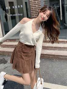 性感露肩挂脖吊带背心，短款针织毛衣上衣 - 白色 - 查看 4