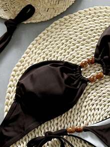 New Sexy Fashion Simple Solid Color Beaded Decor Hollow Front Crop Top And Beaded Drawstring Side Decor Bottom Two Pieces Bikini Set Vacation Beach Summer - Maroon - View 3
