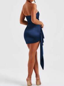 女士优雅性感褶皱荷叶边缎面迷你连衣裙，适合鸡尾酒会、婚礼、夏季度假等场合 - 藏蓝色 - 查看 5