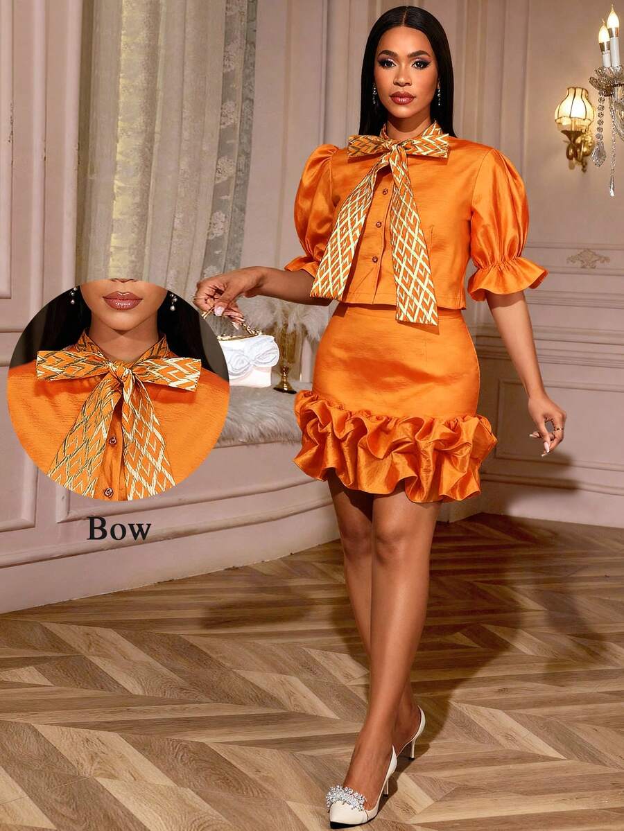 Women Chic Two Pieces Set Orange Bow Tie Puff Sleeves Tops And Ruffled Mini Skirt For Elegant Occasions Ladies 2pcs Outfits - Orange - View 1