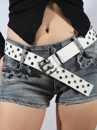 女士双扣腰带，铆钉星形装饰，新款美式复古Y2K朋克风腰带，适合搭配牛仔裤，休闲时尚设计，黑白配色