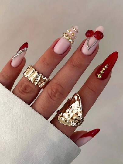 Valentine's Day Cherry Acrylic Nails 24Pcs Medium Almond Press On Nail Tips, Y2K Red/Pink Artificial Nail Set 3D Featuring Diamond/Gold Bead Decorations Suitable For Nail Salons, Girls & Women Nail Accessories For Daily Wear, Holiday Parties & Gifts