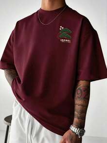 OIDFHDGTE 1pc Summer Outfits, Japanese Crane & Pine Embroidery Oversized T-Shirt, Crewneck Short Sleeve Tee, Streetwear, Casual, Festival Outfits, Daily Wear - 酒紅色 - 查看 2