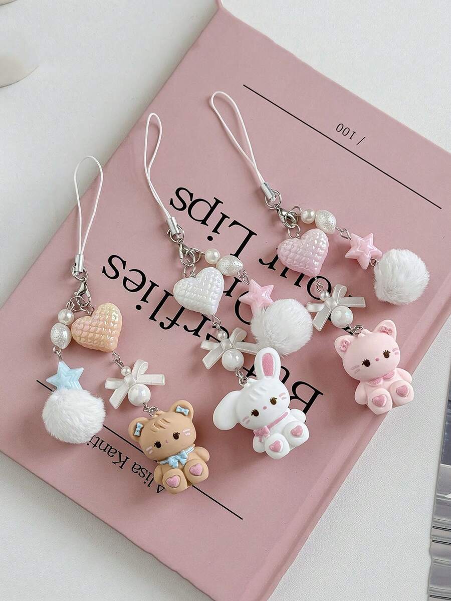 1pc Cute Cartoon Pendant, Rabbit Phone Strap With Heart, CCD Camera Lanyard Plush Ball Keychain, Gift For Couples, Birthday, Friends - Multicolor - View 1