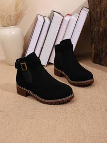 2025 Bestselling Black Boots For Women, European Style Low Heel Strap Buckle Short Boots, Plus Size Chunky Heel Chelsea Boots, Fashion & Comfortable Versatile - Black - View 7