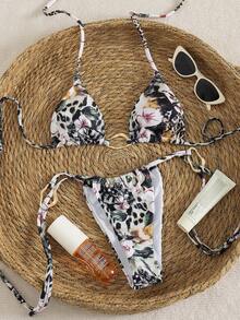 Novo Conjunto de Maiô Bikini com Estampa Floral, Decor de Metal, Decote Halter, Amarração Nas Costas, Exposição, para Mulheres, Férias, Praia, Verão - Multicolorido - Visão 1