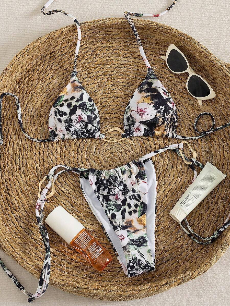 Novo Conjunto de Maiô Bikini com Estampa Floral, Decor de Metal, Decote Halter, Amarração Nas Costas, Exposição, para Mulheres, Férias, Praia, Verão - Multicolorido - Visão 1