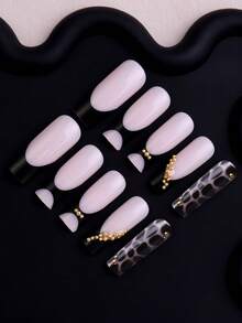24pcs Rectangular Adhesive Acrylic Fake Nails, Black French Tip Style, High Fit, Decorated With Gold Beads, Comfortable To Wear, Suitable For Women And Girls For Daily, Party And Various Occasions - Black - View 3